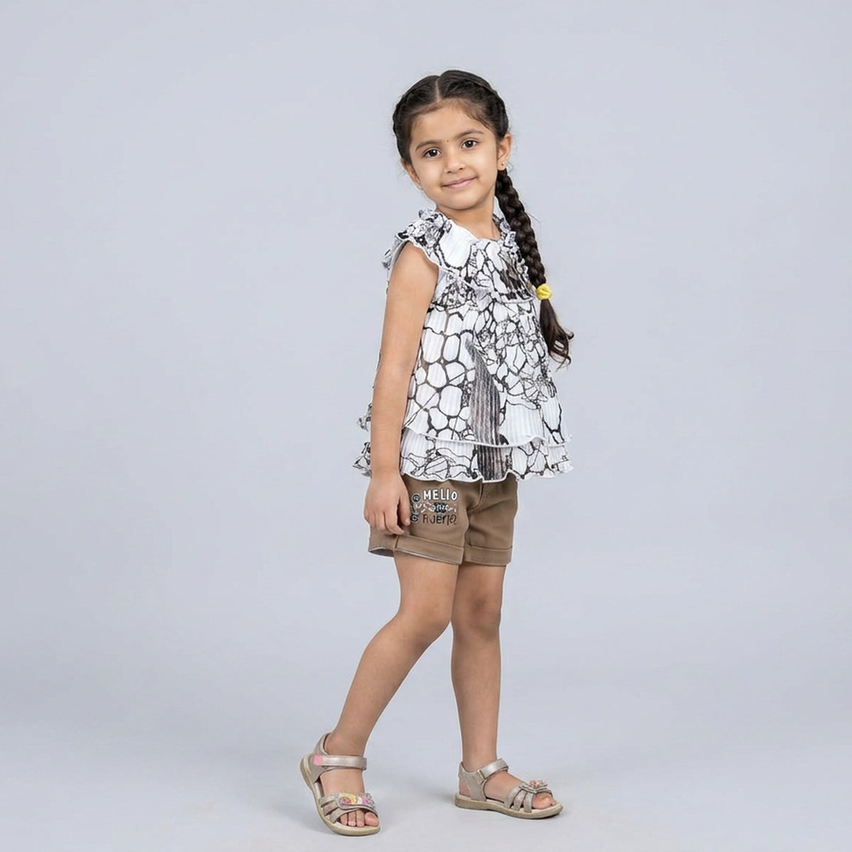 Girls Black & White Abstract Print Ruffle Top with Camel Shorts Set