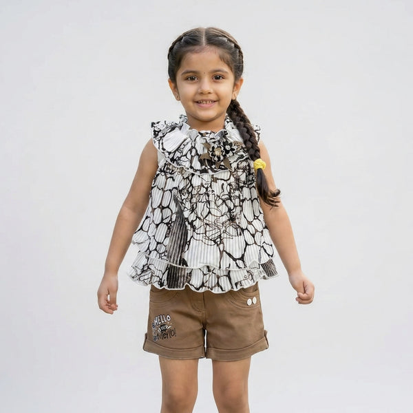 Girls Black & White Abstract Print Ruffle Top with Camel Shorts Set