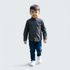 Boys Grey Printed Shirt with Denim Jeans – Smart Casual Outfit for Kids