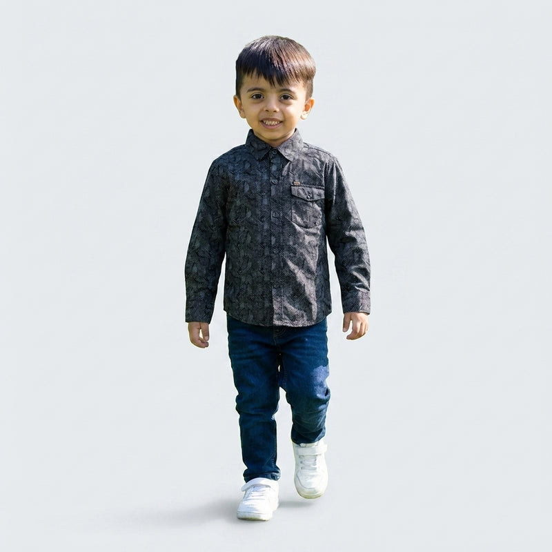 Boys Grey Printed Shirt with Denim Jeans – Smart Casual Outfit for Kids