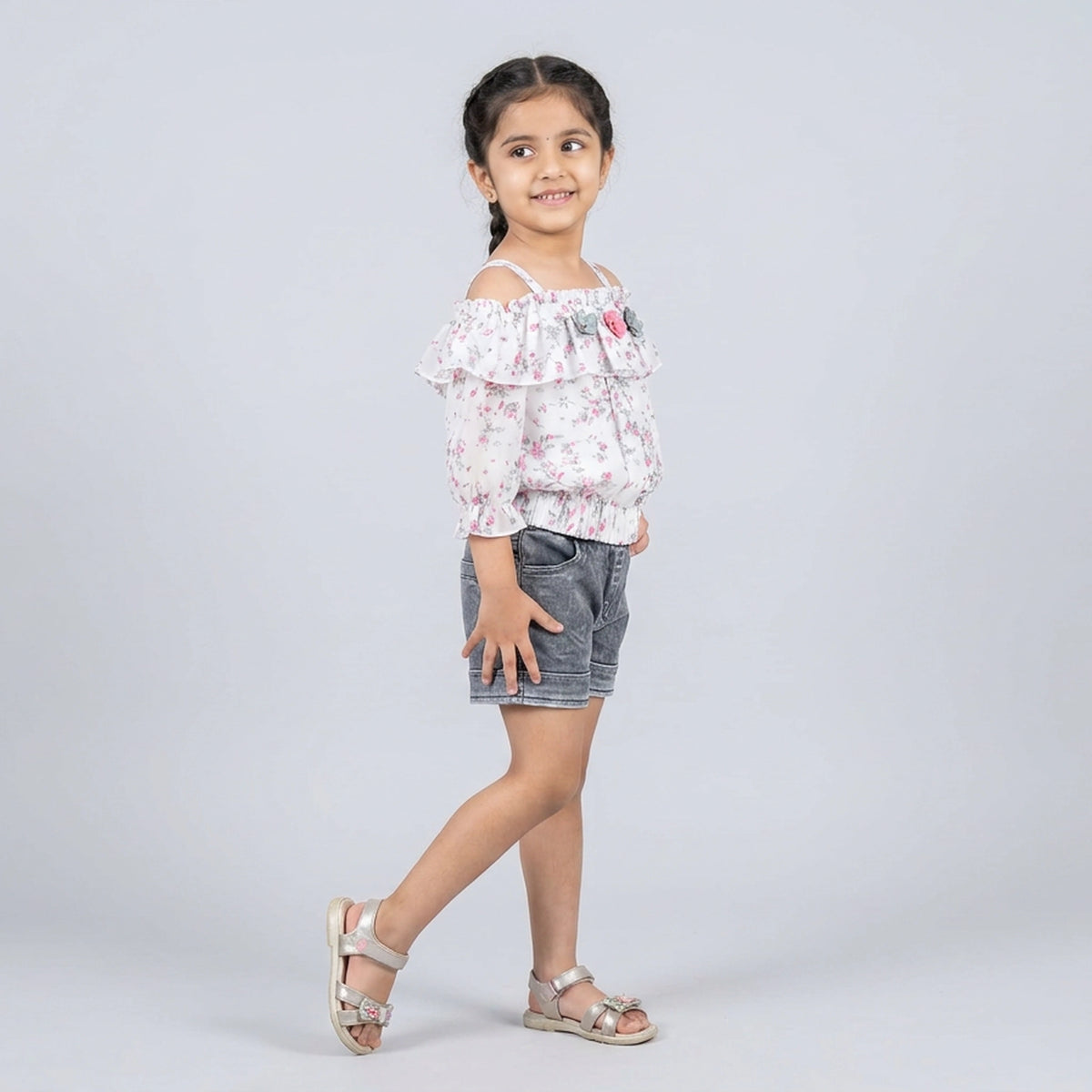Girls White Floral Print Ruffle Top with Grey Denim Shorts Set