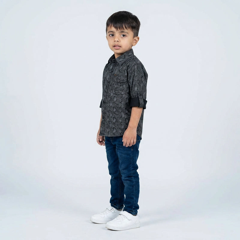 Boys Grey Printed Shirt with Denim Jeans – Smart Casual Outfit for Kids