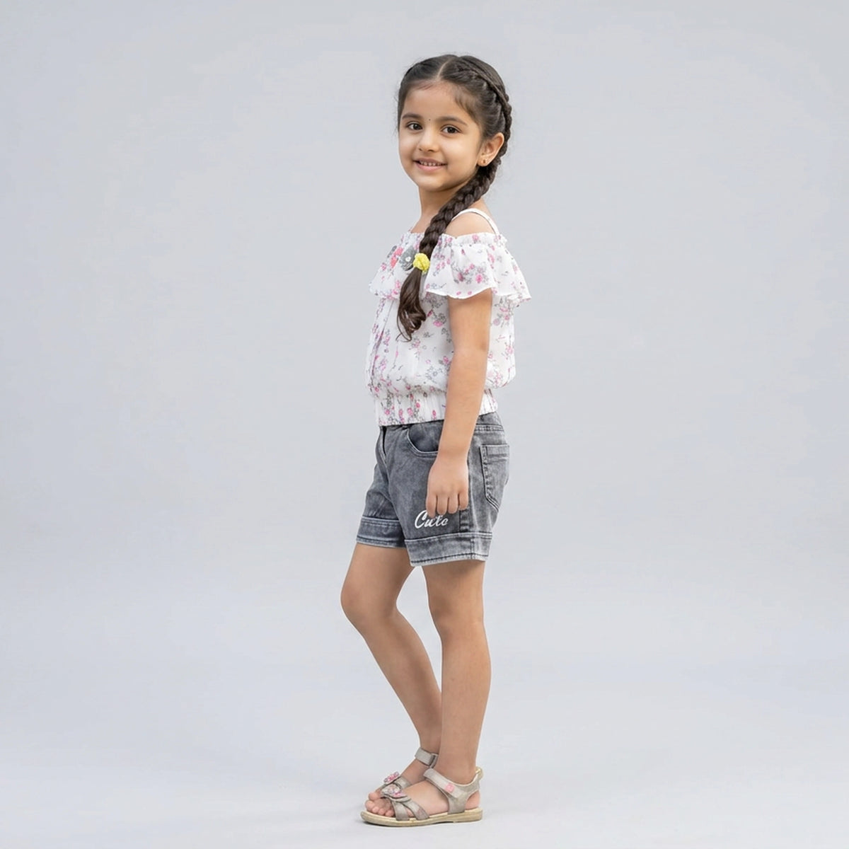 Girls White Floral Print Ruffle Top with Grey Denim Shorts Set