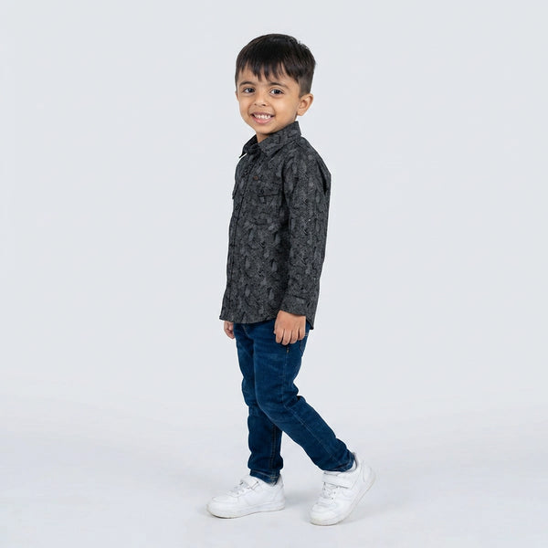 Young boy wearing grey printed shirt with denim jeans smart casual kids outfit