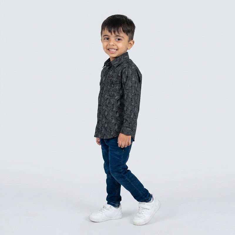 Young boy wearing grey printed shirt with denim jeans smart casual kids outfit