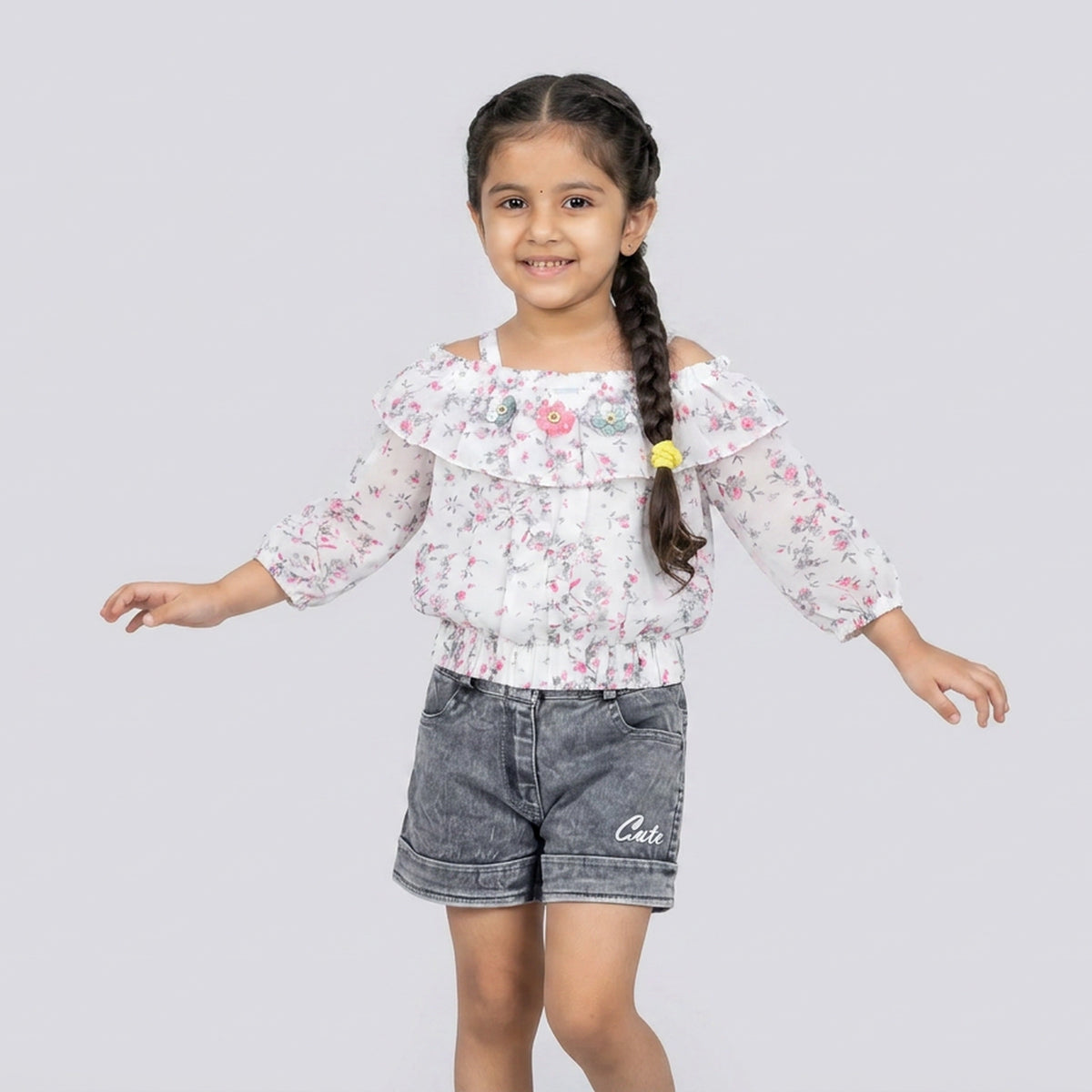 Girls White Floral Print Ruffle Top with Grey Denim Shorts Set