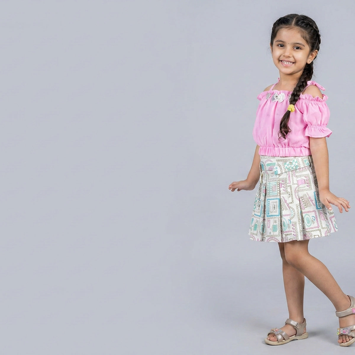 Girls Pink Cold Shoulder Top with Printed Pleated Skirt Set