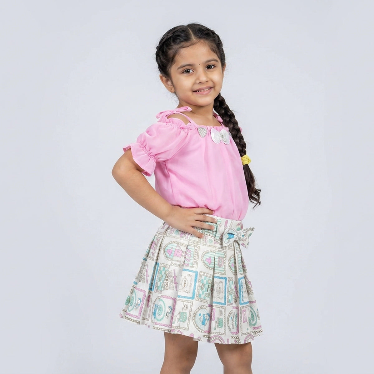 Girls Pink Cold Shoulder Top with Printed Pleated Skirt Set