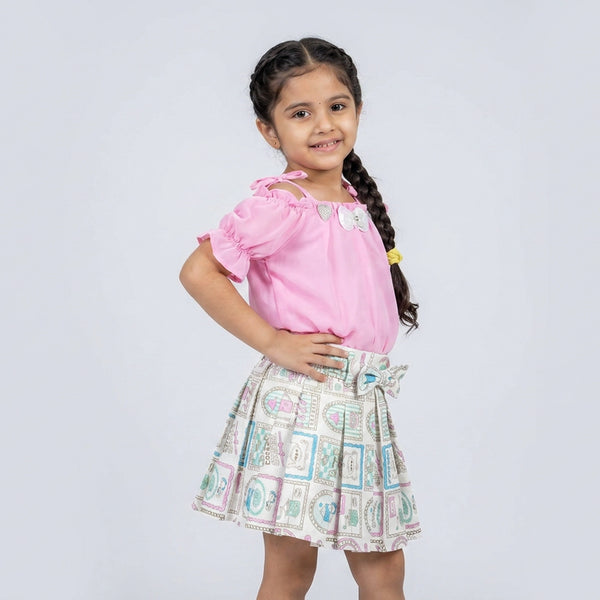 Girls Pink Cold Shoulder Top with Printed Pleated Skirt Set