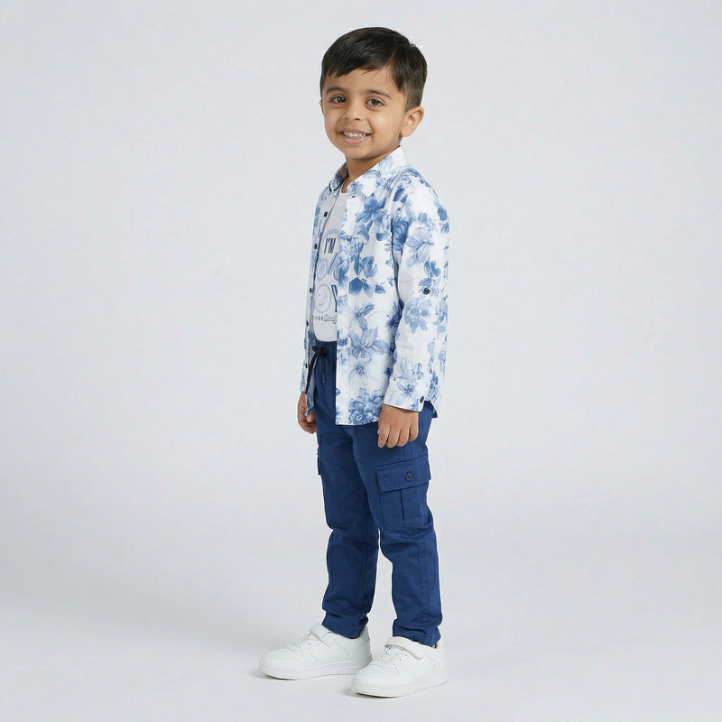 BOYS Blue Floral Print Shirt with Graphic T-Shirt and Cargo Pants Set