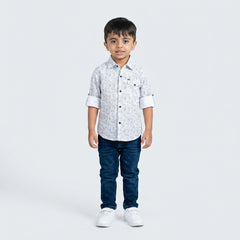 Boys Grey Printed Shirt with Denim Jeans – Smart Casual Outfit for Kids