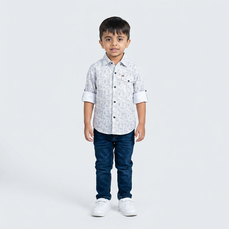 Boys Grey Printed Shirt with Denim Jeans – Smart Casual Outfit for Kids