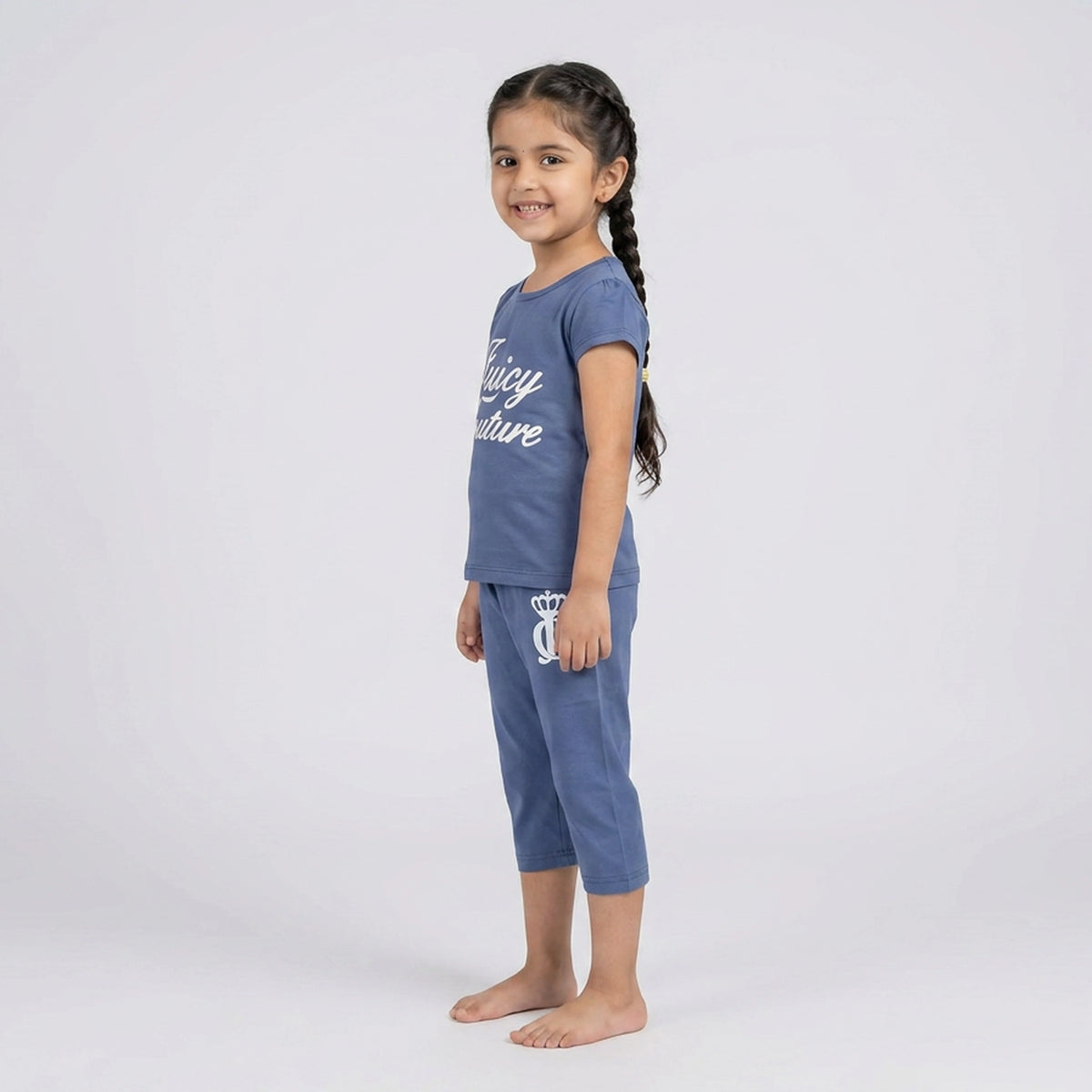 Girls Blue Graphic Print Cotton T-Shirt with Capri Pants Set