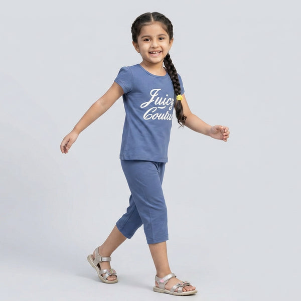 Girls Blue Graphic Print Cotton T-Shirt with Capri Pants Set