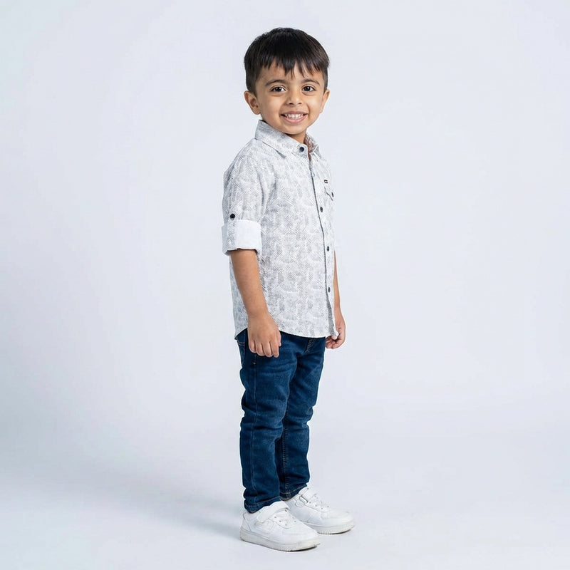 Boys Grey Printed Shirt with Denim Jeans – Smart Casual Outfit for Kids
