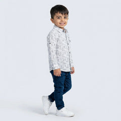 Boys Grey Printed Shirt with Denim Jeans – Smart Casual Outfit for Kids