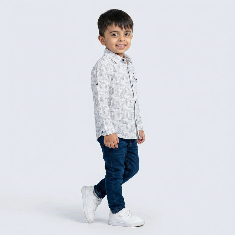 Boys Grey Printed Shirt with Denim Jeans – Smart Casual Outfit for Kids