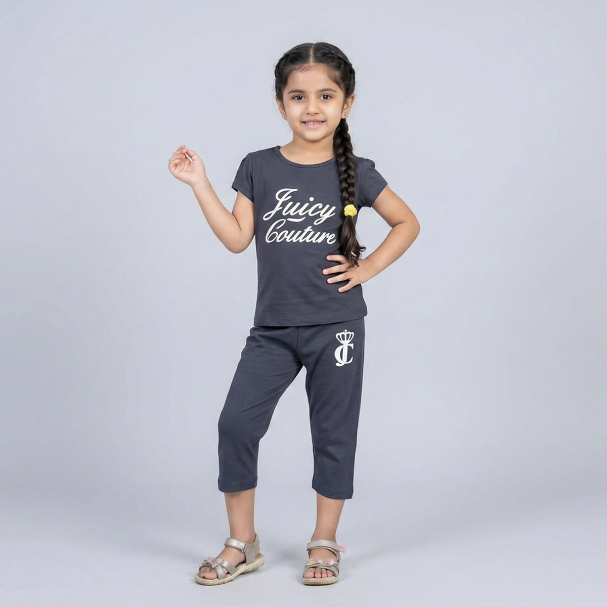 Girls Blue Graphic Print Cotton T-Shirt with Capri Pants Set