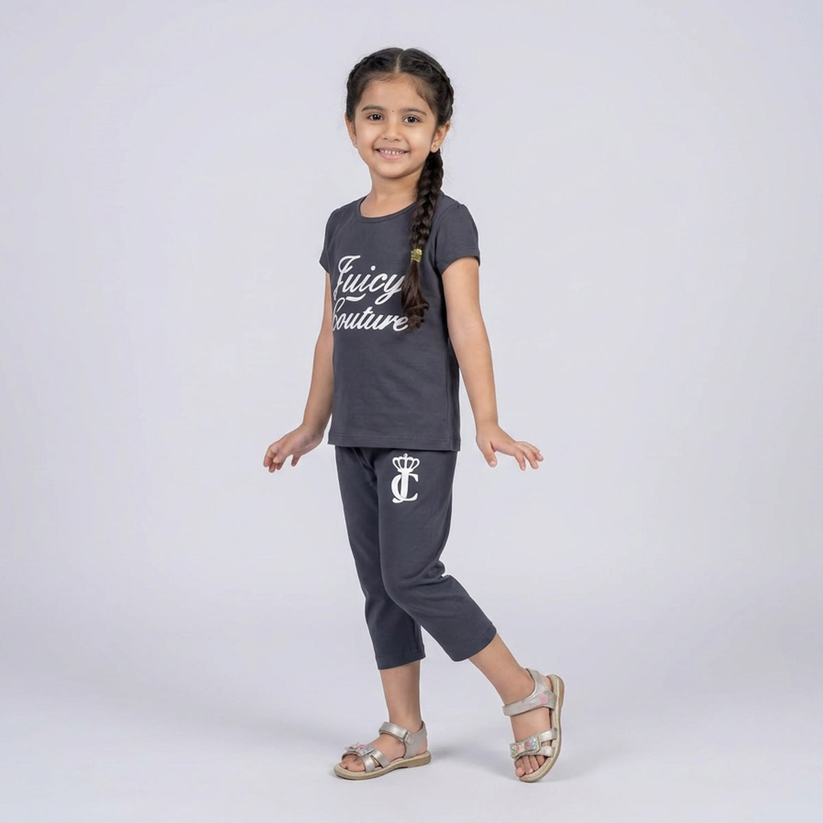 Girls Blue Graphic Print Cotton T-Shirt with Capri Pants Set