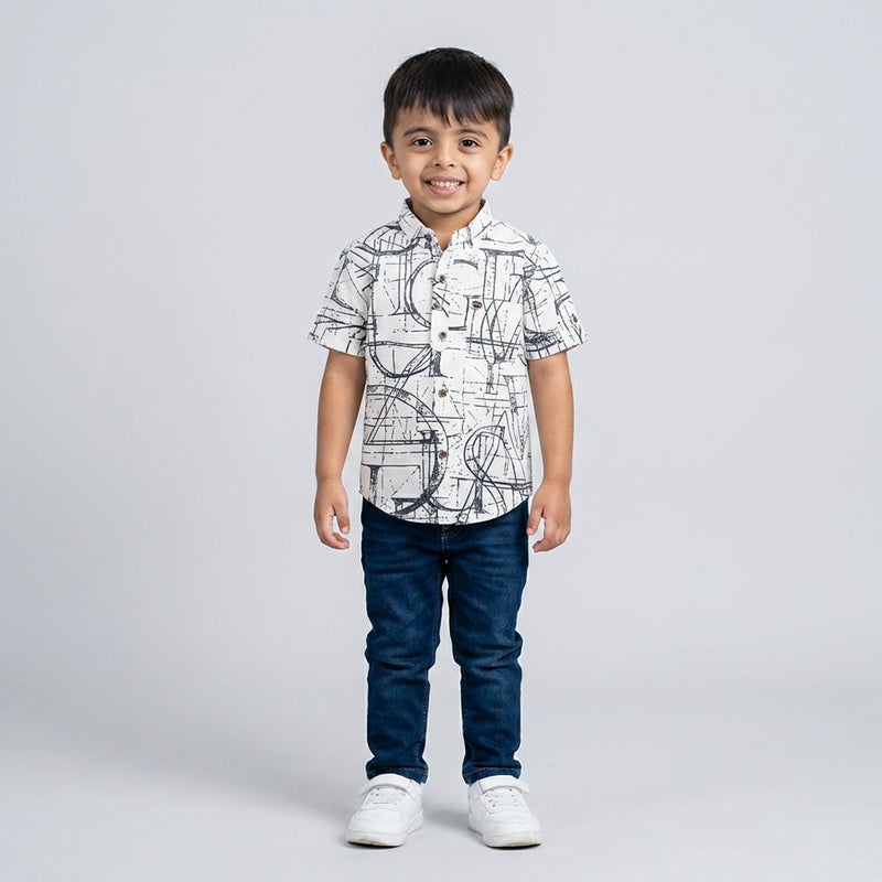 Boys Printed Kurta Shirt with Denim Jeans – Casual Ethnic Fusion Wear for Kids