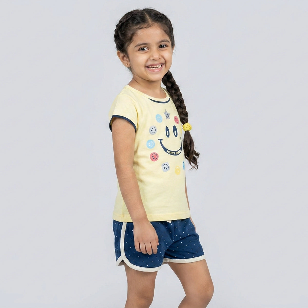 Girls Yellow Smiley Print T-Shirt with Green Polka Dot Shorts Set