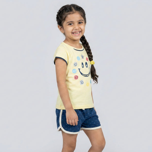 Girls Yellow Smiley Print T-Shirt with Green Polka Dot Shorts Set