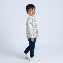 Young boy wearing printed kurta shirt with denim jeans kids casual ethnic fusion outfit