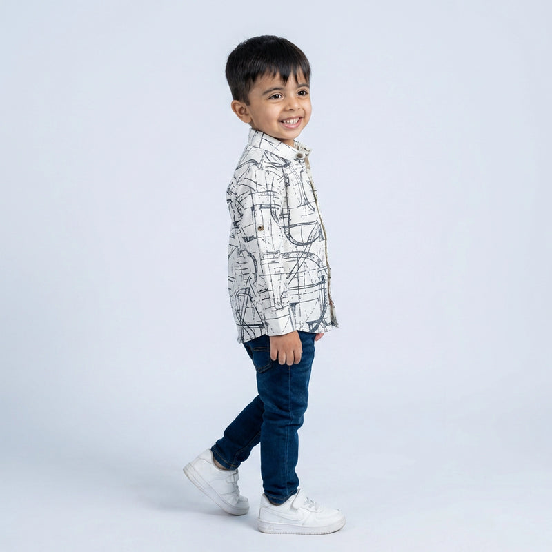 Young boy wearing printed kurta shirt with denim jeans kids casual ethnic fusion outfit