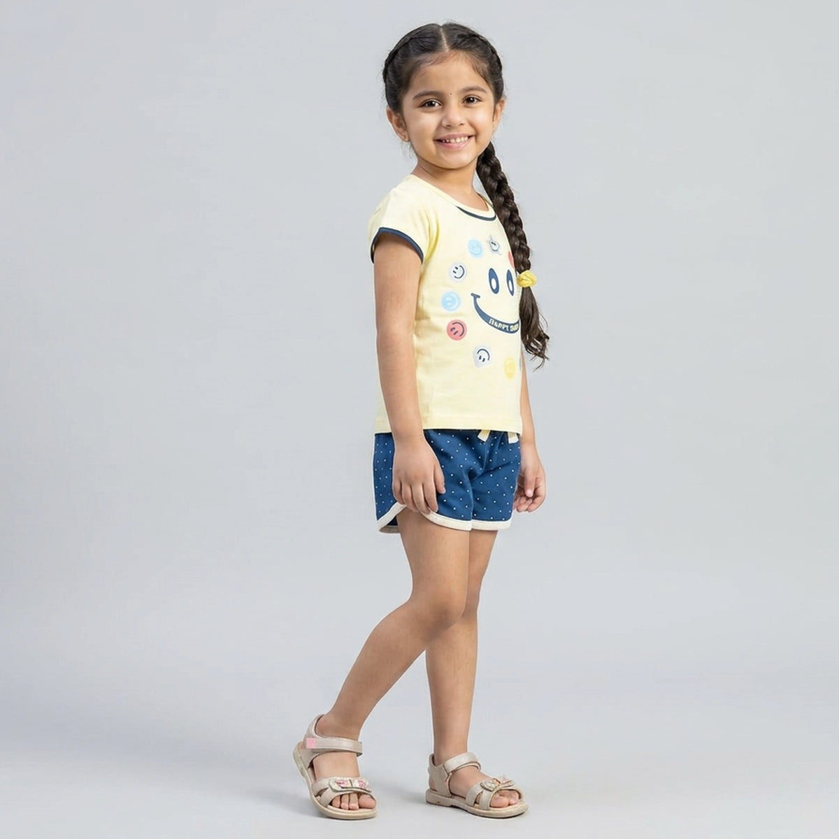 Girls Yellow Smiley Print T-Shirt with Green Polka Dot Shorts Set
