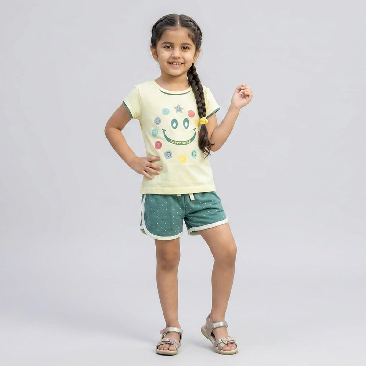 Girls Yellow Smiley Print T-Shirt with Green Polka Dot Shorts Set