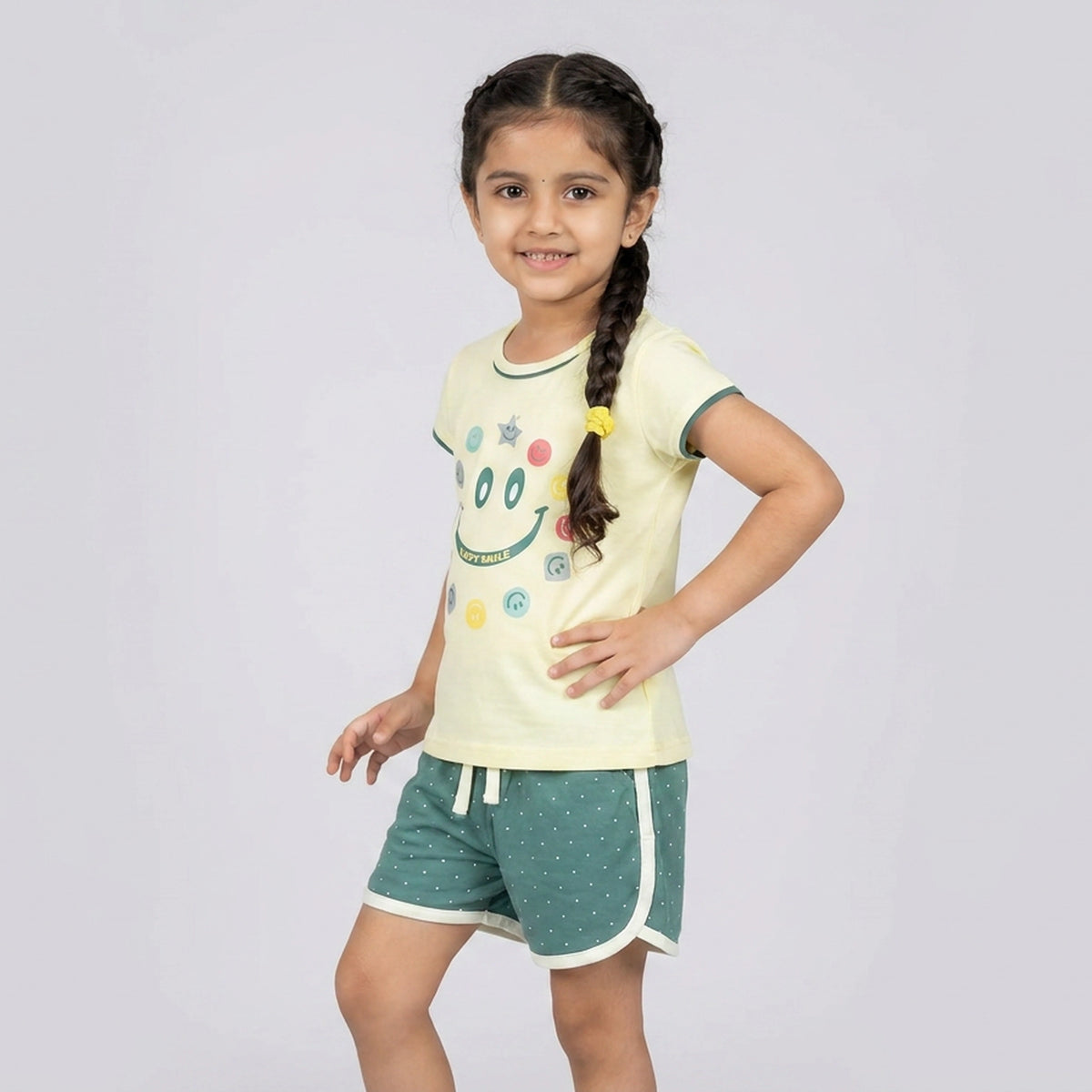 Girls Yellow Smiley Print T-Shirt with Green Polka Dot Shorts Set