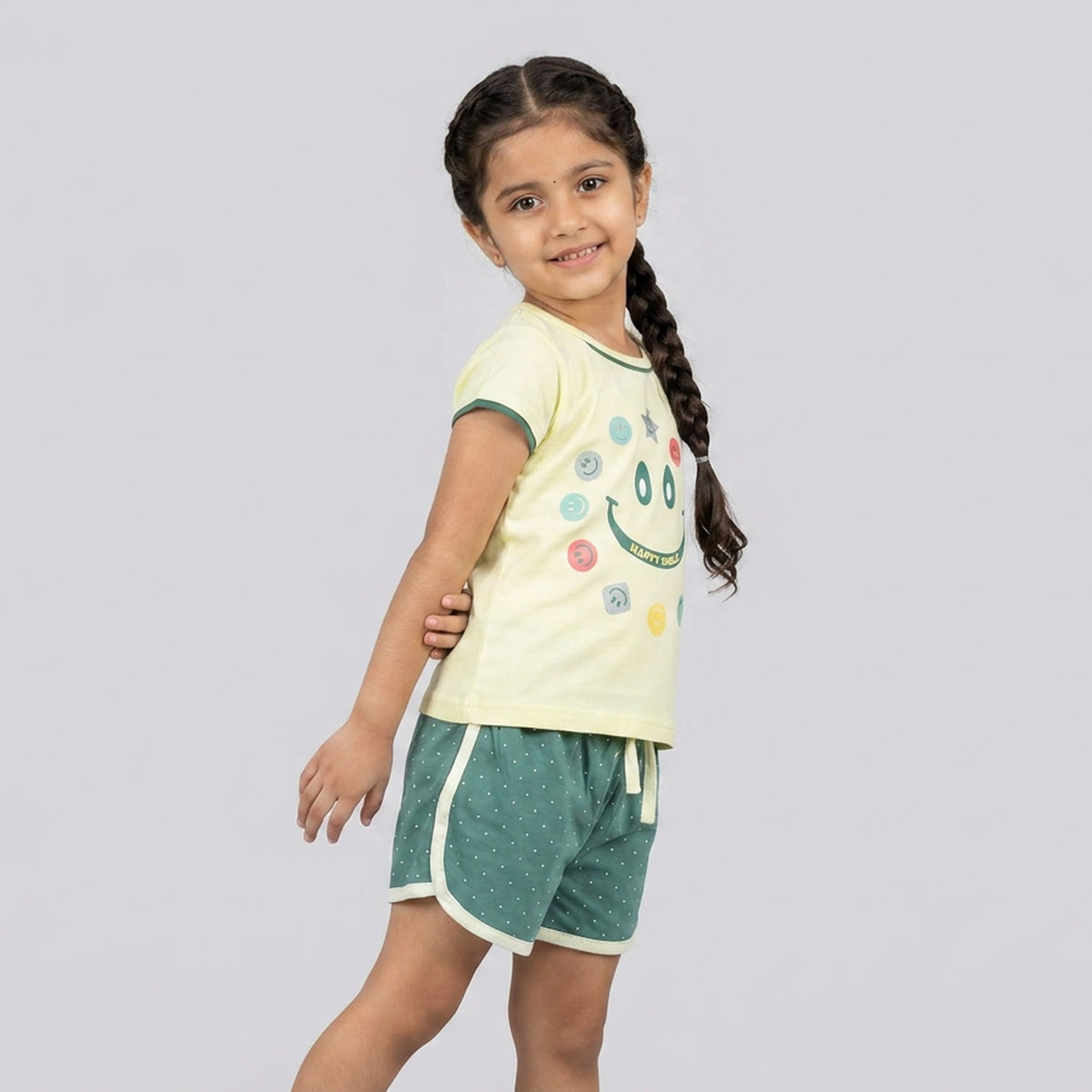 Girls Yellow Smiley Print T-Shirt with Green Polka Dot Shorts Set