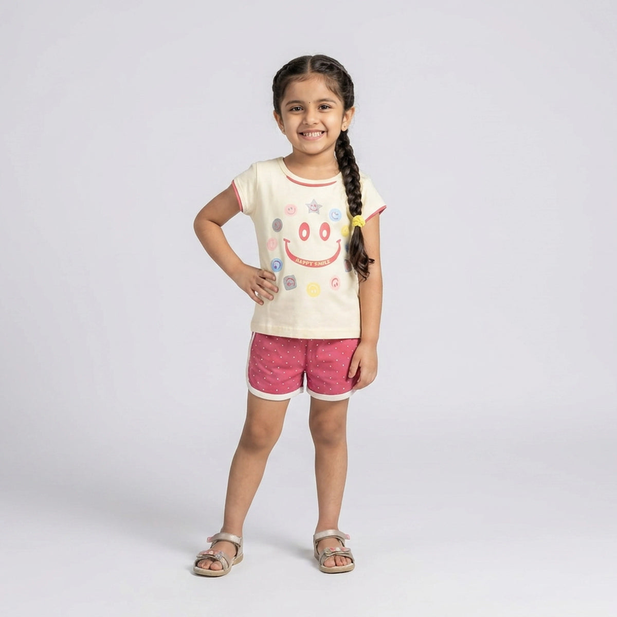 Girls Yellow Smiley Print T-Shirt with Green Polka Dot Shorts Set