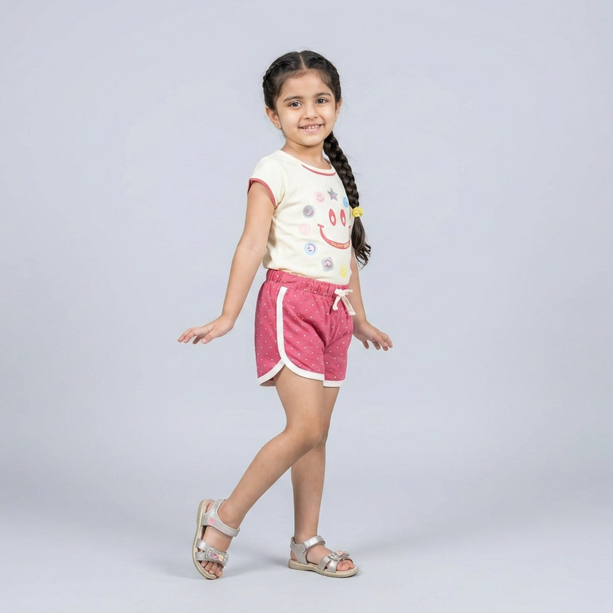 Girls Yellow Smiley Print T-Shirt with Green Polka Dot Shorts Set