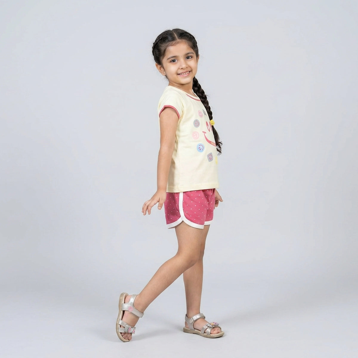 Girls Yellow Smiley Print T-Shirt with Green Polka Dot Shorts Set