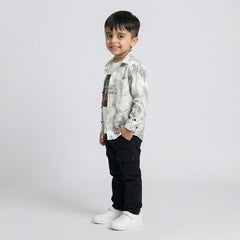 Boys Grey Printed Shirt with Graphic T-Shirt and Black Cargo Pants Set