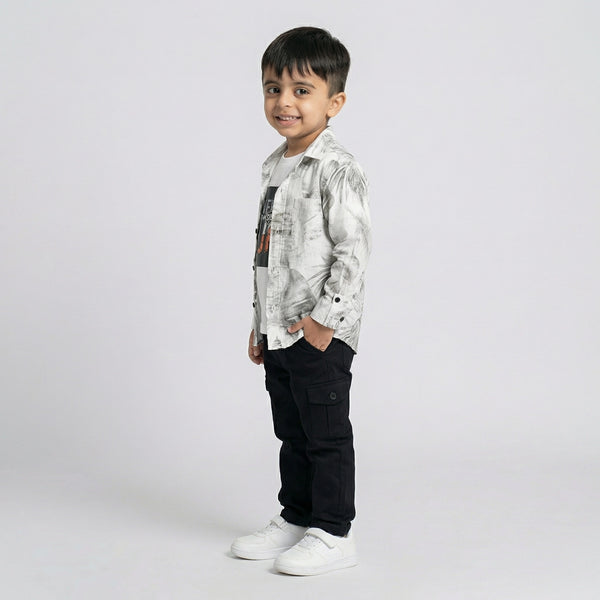 Boys Grey Printed Shirt with Graphic T-Shirt and Black Cargo Pants Set