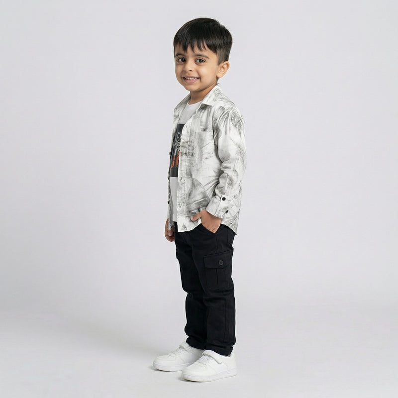 Boys Grey Printed Shirt with Graphic T-Shirt and Black Cargo Pants Set