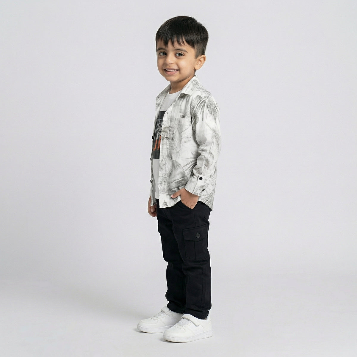 Boys Grey Printed Shirt with Graphic T-Shirt and Black Cargo Pants Set