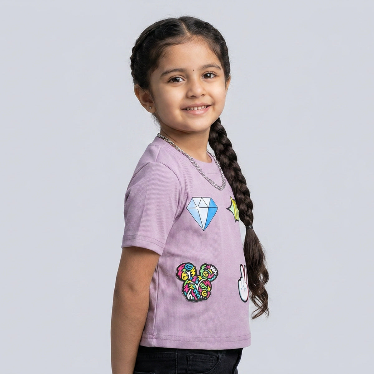 Girls Pastel Green Ribbed Graphic Print T-Shirt with Diamond & Peace Sign Patches