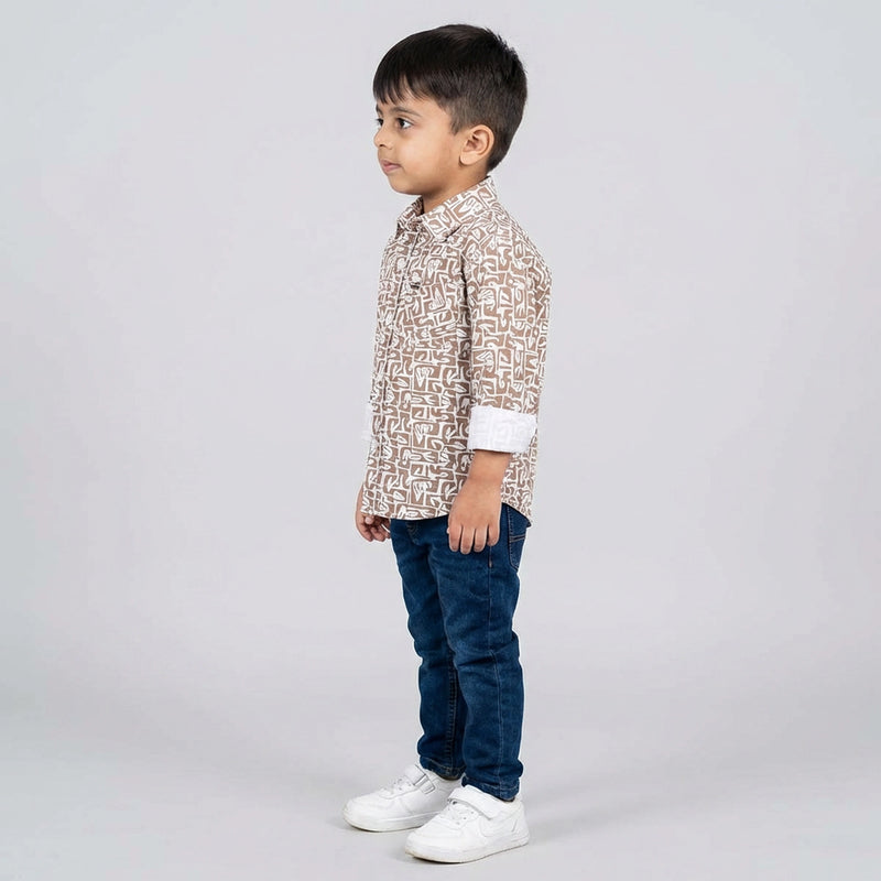 Boys Green Printed Shirt with Denim Jeans – Casual Stylish Outfit for Kids
