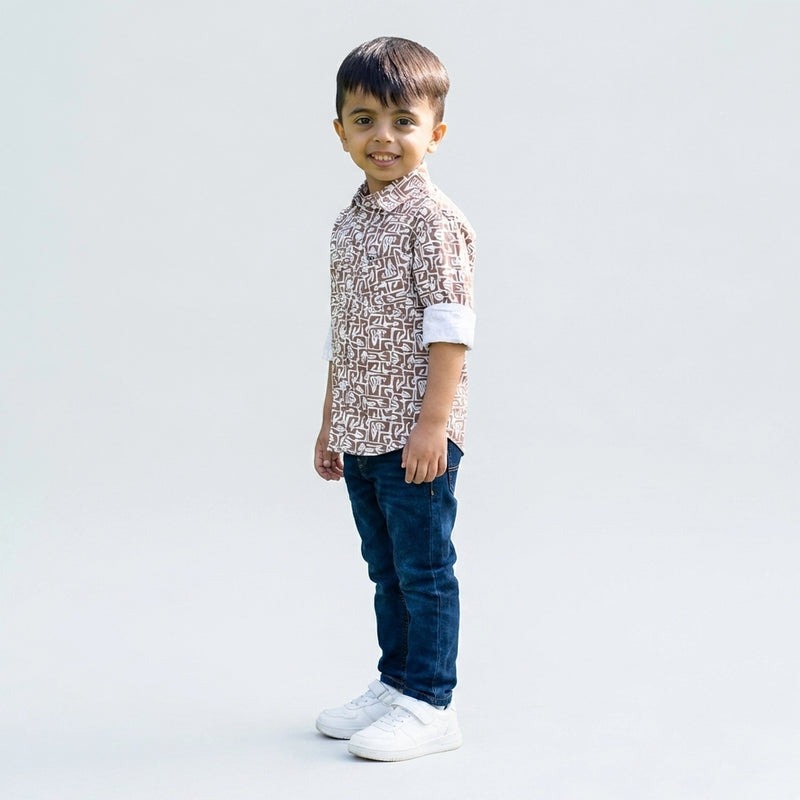 Boys Green Printed Shirt with Denim Jeans – Casual Stylish Outfit for Kids