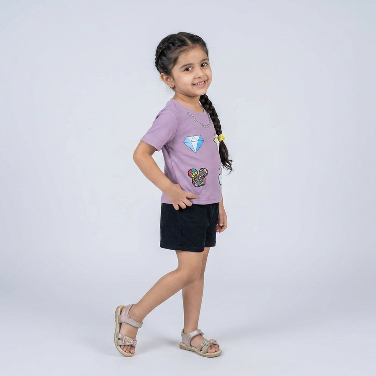 Girls Pastel Green Ribbed Graphic Print T-Shirt with Diamond & Peace Sign Patches