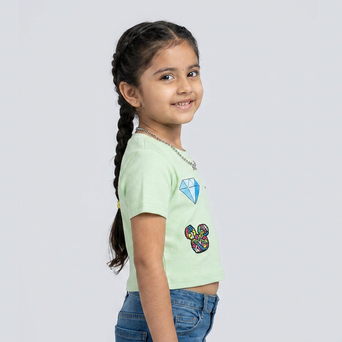 Girls Pastel Green Ribbed Graphic Print T-Shirt with Diamond & Peace Sign Patches