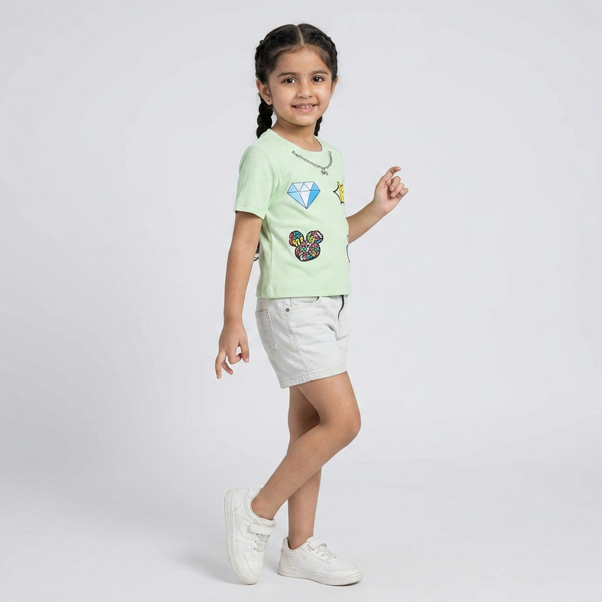 Girls Pastel Green Ribbed Graphic Print T-Shirt with Diamond & Peace Sign Patches