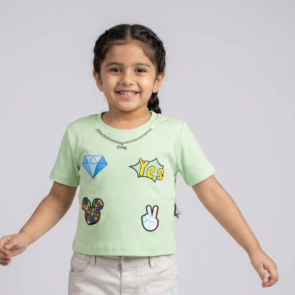 Girls Pastel Green Ribbed Graphic Print T-Shirt with Diamond & Peace Sign Patches