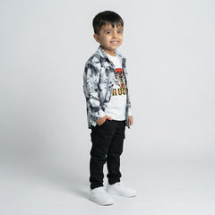 BOYS Black & White Printed Shirt with Tiger Graphic T-Shirt and Black Cargo Pants Set