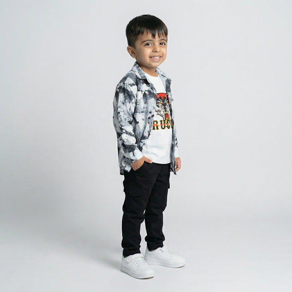 BOYS Black & White Printed Shirt with Tiger Graphic T-Shirt and Black Cargo Pants Set