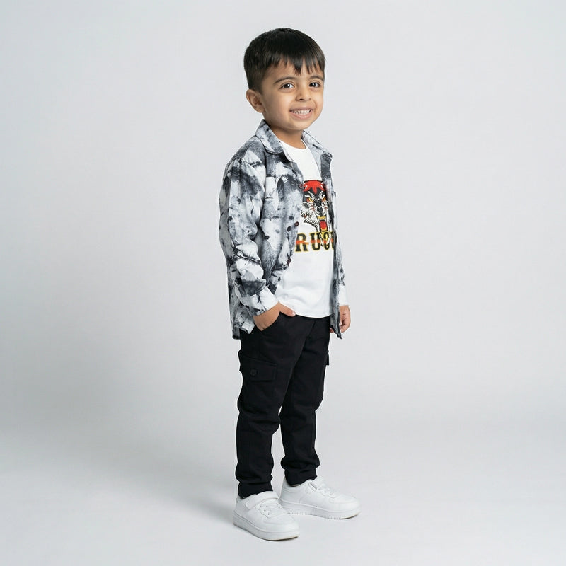 BOYS Black & White Printed Shirt with Tiger Graphic T-Shirt and Black Cargo Pants Set