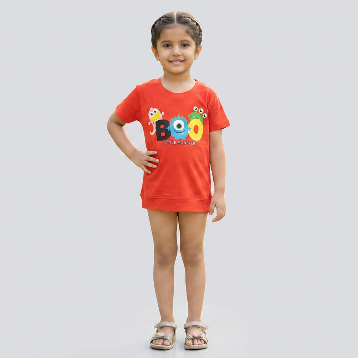 Kids Red Boo Little Monster Print Cotton T-Shirt
